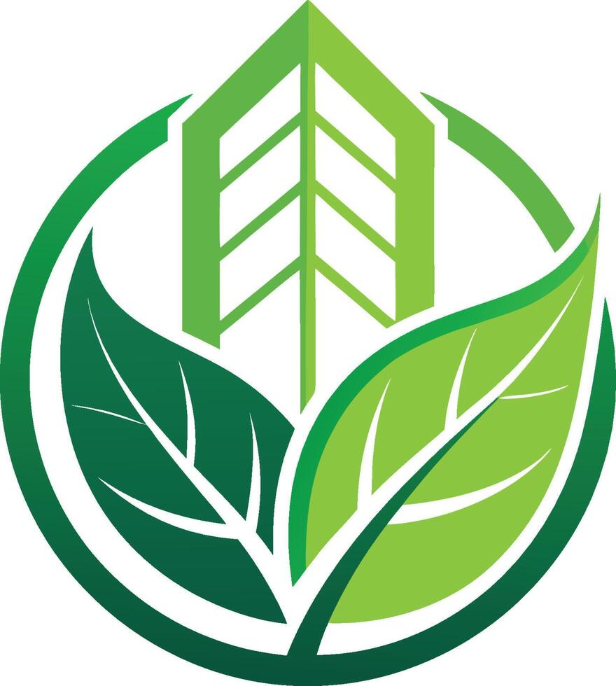 Green eco-friendly logo, stylized building with leaf motif, geometric shapes, symmetrical design, modern architecture icon, environmental sustainability symbol, organic growth concept vector