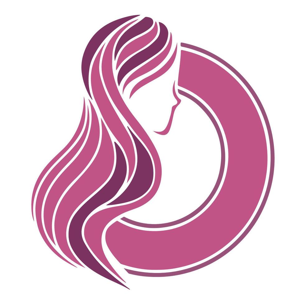 Stylized female silhouette, flowing hair, circular design, purple and pink gradient, minimalist logo, beauty salon emblem vector