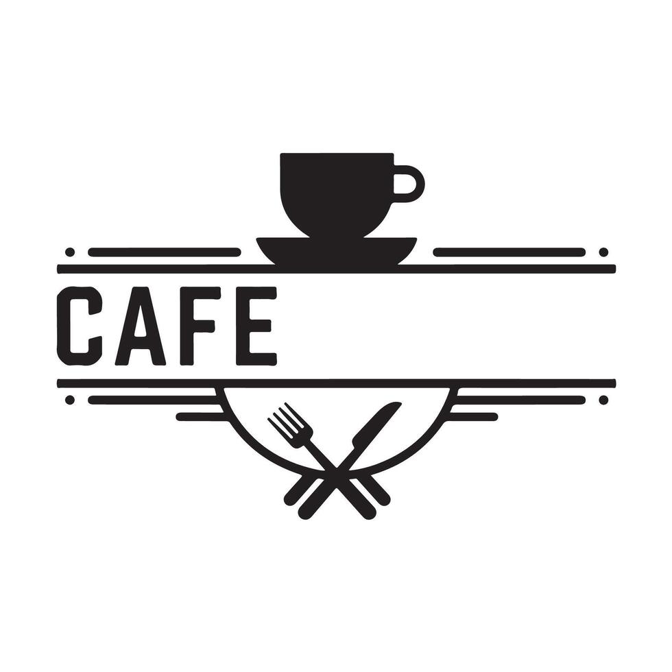minimalist cafe logo, black and white, coffee cup silhouette, fork and knife icons, simple geometric design vector