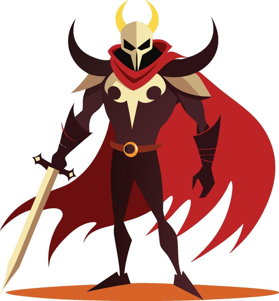 Fantasy warrior, horned helmet, red cape, sword, stylized armor, dark color palette, minimalist design, comic book style vector
