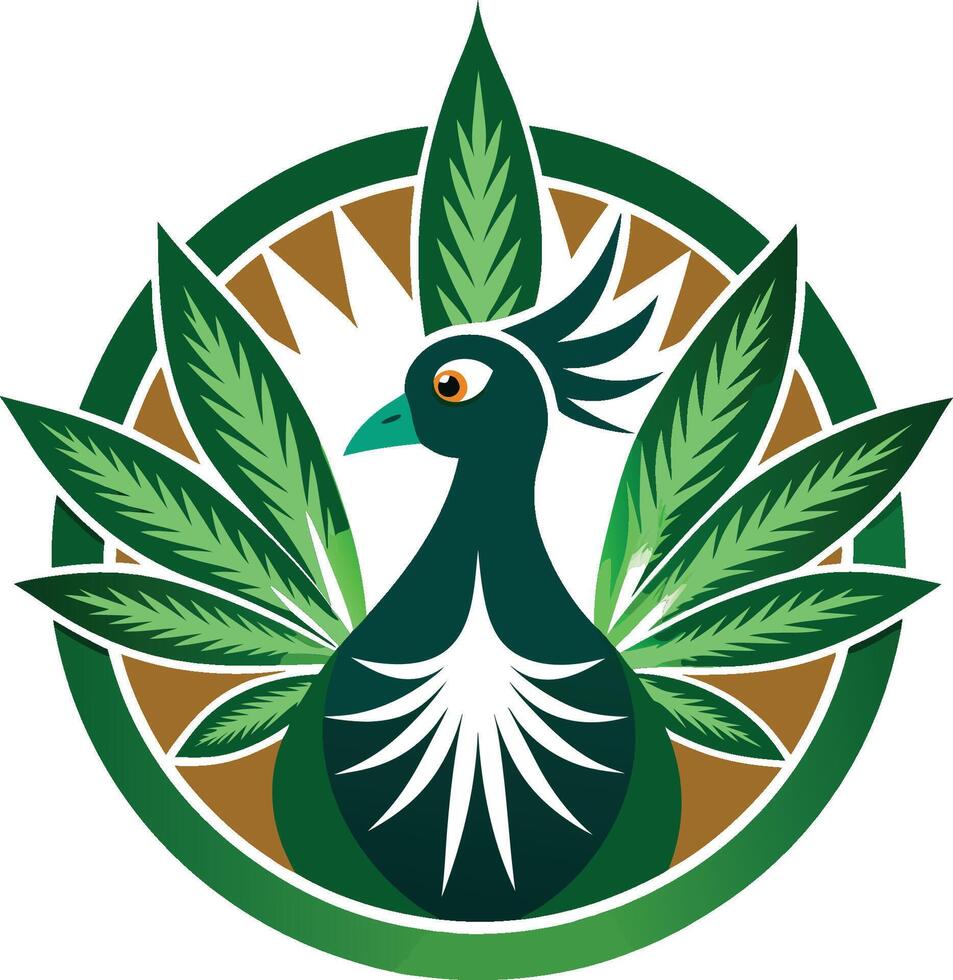 Stylized peacock logo, circular emblem, green and gold color scheme, geometric design, cannabis leaves, art deco influence, minimalist bird illustration vector