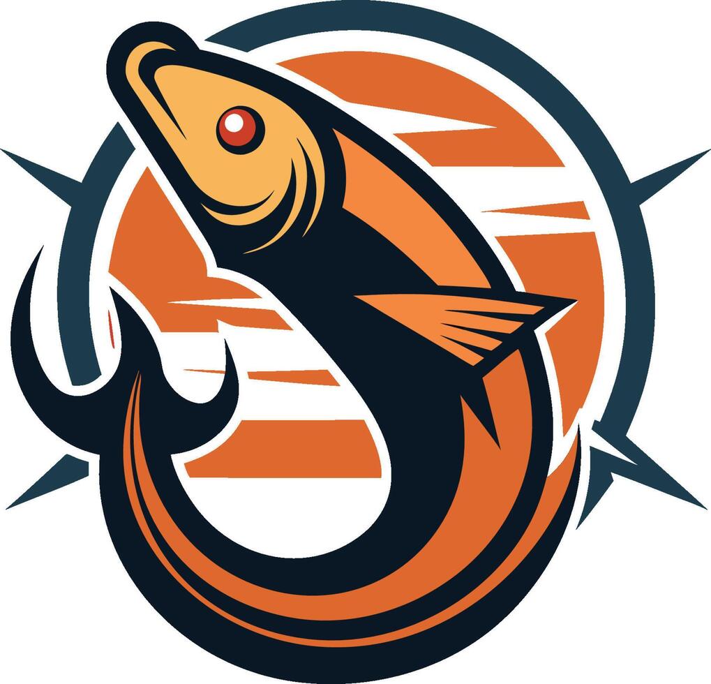 Stylized fish logo, fishing hook, circular design, bold colors, orange and navy blue, geometric shapes, art, sport fishing emblem vector