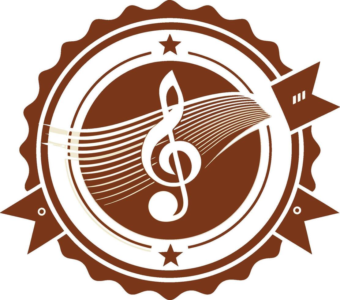 Circular emblem, treble clef, musical notes, brown and white color scheme, geometric design, retro style, vintage badge, musical insignia, ribbon accents vector