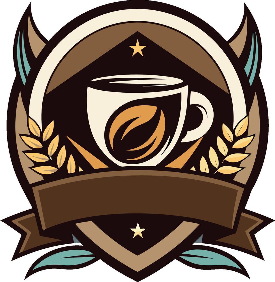 Coffee emblem, shield design, coffee cup icon, coffee bean motif, wheat stalks, star accents, brown and teal color scheme vector
