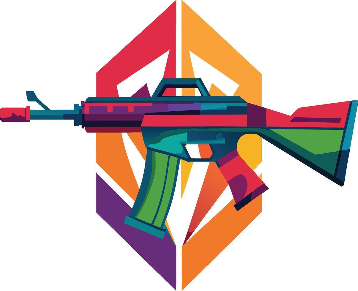 Colorful geometric assault rifle, pop art style, vibrant colors, abstract shapes, flat design, graphic illustration, red green blue orange purple vector