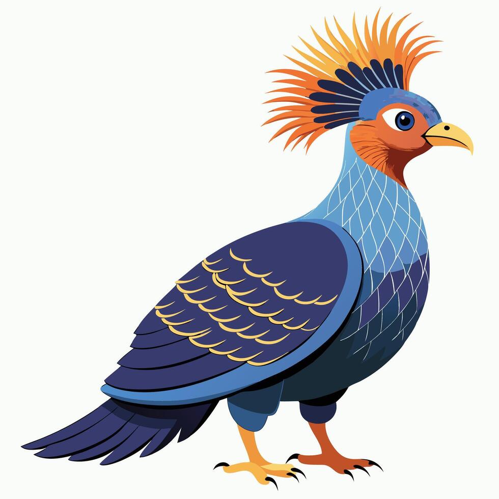 Colorful exotic bird illustration, stylized fantasy creature, vibrant plumage, orange crest, blue and navy feathers vector