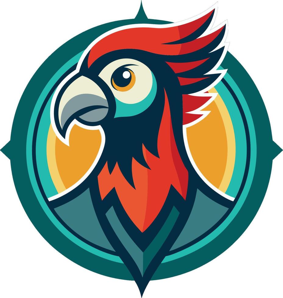 Stylized parrot logo, vibrant colors, geometric shapes, circular frame, teal background, red feathers, yellow eye, sharp beak, modern design, art vector