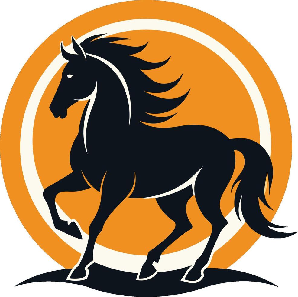 Horse silhouette, black stallion, dynamic pose, flowing mane, orange circular background, graphic design style, art, minimalist, bold contrast, sleek lines vector