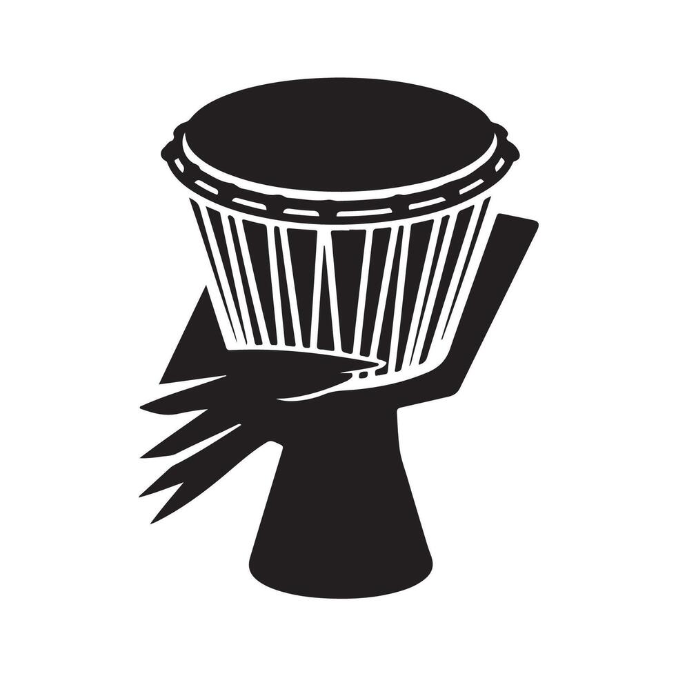 African djembe drum, silhouette, black and white, minimalist design, graphic art, tribal icon, percussion instrument vector