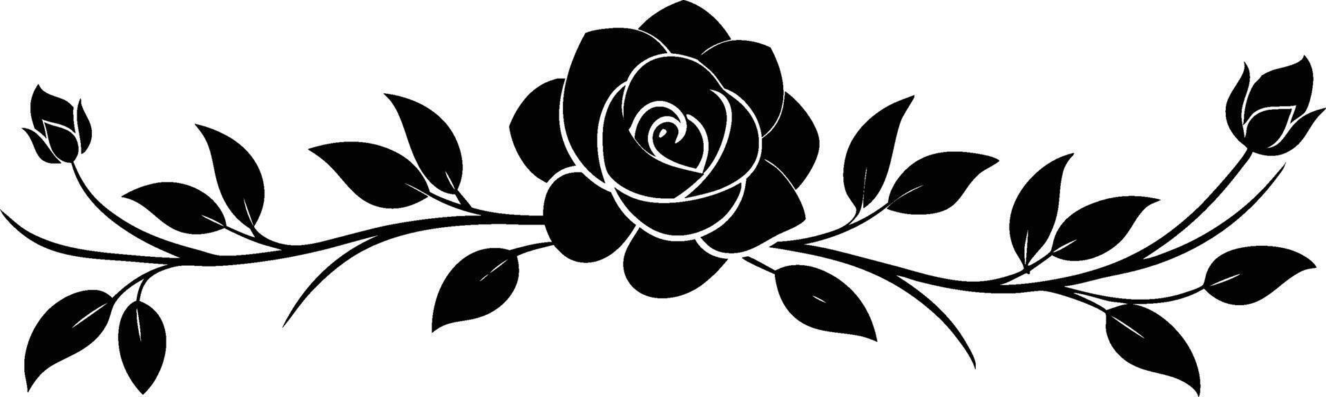 Black rose silhouette, elegant floral design, symmetrical composition, single stem with leaves, decorative border, vector