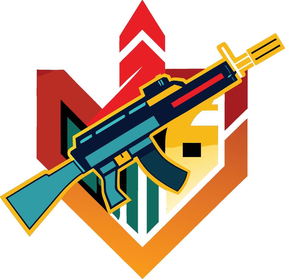 Stylized AK-47 rifle, geometric background, vibrant colors, red arrow, yellow accents, teal blue gun body, graphic design style, art, bold shapes vector