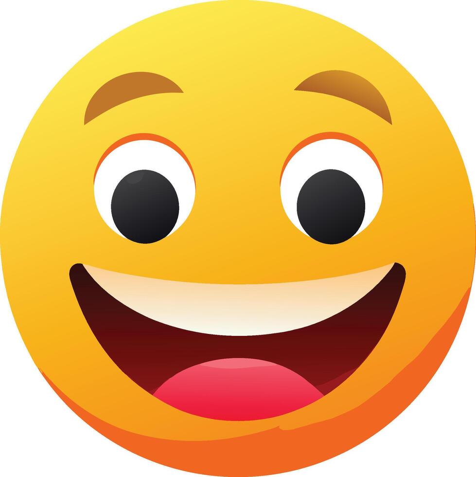 Yellow smiley emoji, big grin, wide eyes, cartoon-style, glossy, vibrant colors, simple design, cheerful expression vector