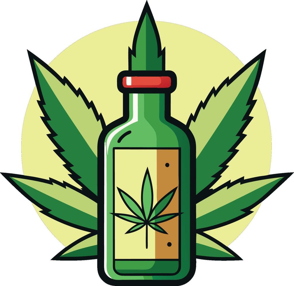 Cannabis leaf, glass bottle, marijuana oil, green and yellow color scheme, cartoon style, illustration, iconic design, vector