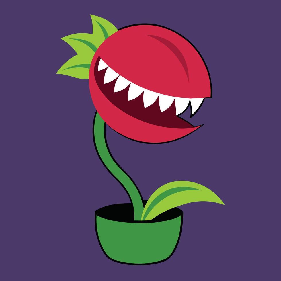 Cartoon carnivorous plant, Venus flytrap inspired, red bulb with sharp teeth, green stem and leaves vector