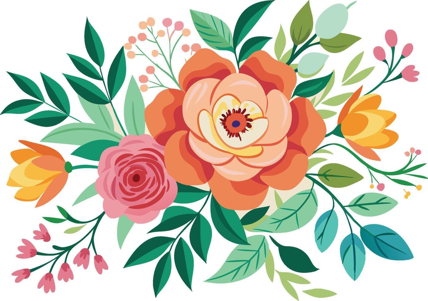 Vibrant floral illustration, colorful spring bouquet, stylized flowers, peach and coral peony, pink rose, yellow tulips vector