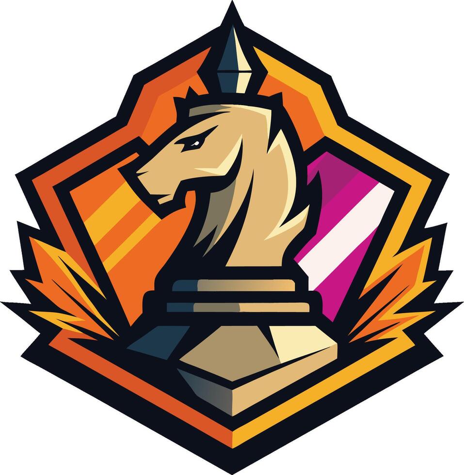 Chess knight, stylized logo, geometric shapes, vibrant colors, orange and yellow background, purple accent, sleek design, esports emblem, sharp edges, bold outlines vector