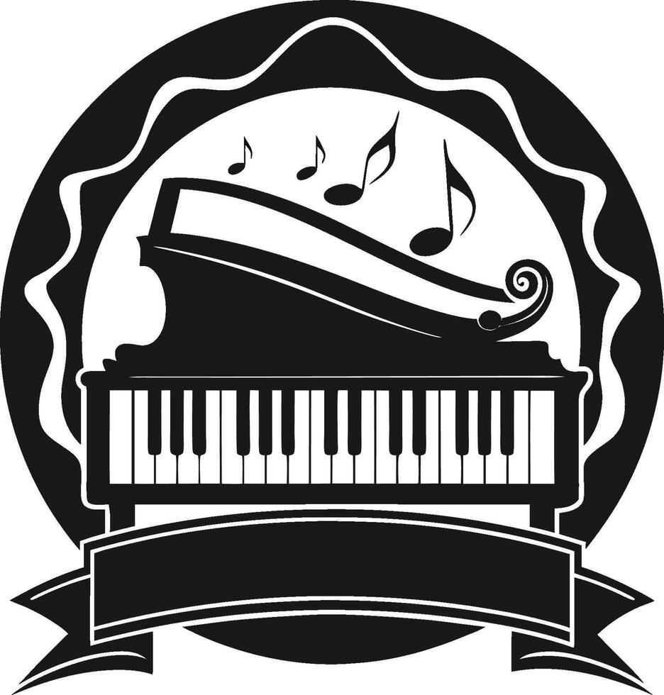 black and white logo, grand piano, musical notes, circular emblem, wavy border, keyboard keys, ribbon banner vector