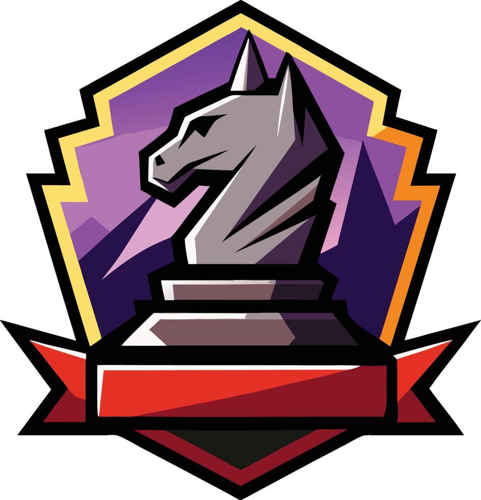 Chess knight logo, geometric design, purple and yellow background, shield shape, red banner, esports emblem vector