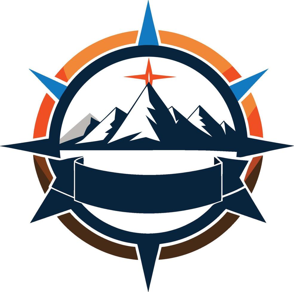 Logo design, mountain range silhouette, compass rose, circular emblem, blue and orange color scheme, navy blue accents, geometric shapes vector