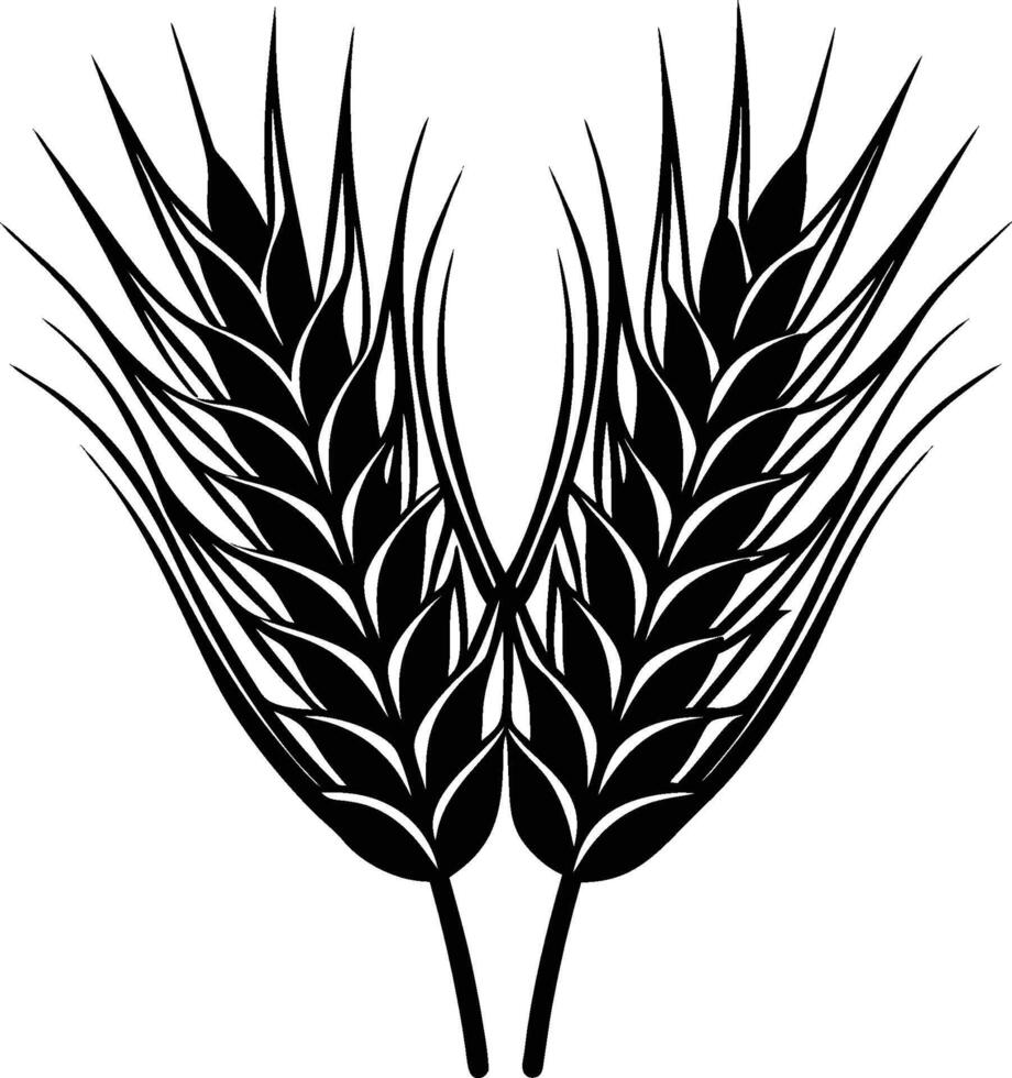 Stylized wheat stalks, black and white illustration, symmetrical design, graphic silhouette, botanical art, minimalist, high contrast, vector-like, grain symbol, agricultural icon, elegant simplicity vector