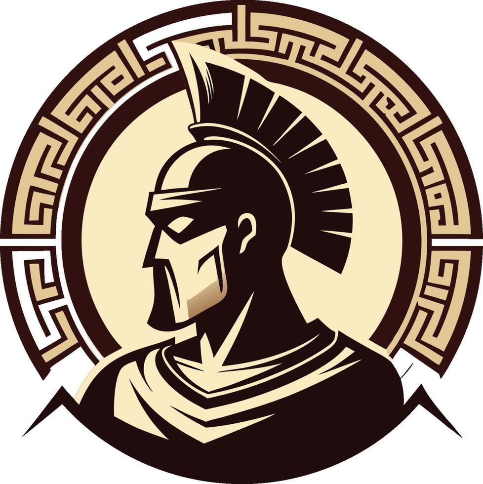 Ancient Greek warrior, Spartan helmet, profile view, stylized illustration, geometric border, meander pattern, circular design, brown and beige color scheme, silhouette vector