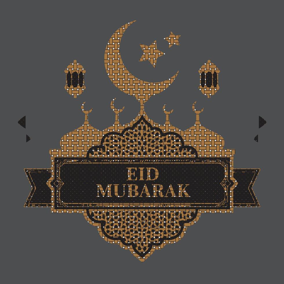 Purple geometric pattern, Arabic calligraphy, Eid Mubarak greeting, Islamic crescent moon, stars, festive typography, mosaic texture, lavender hues, white background vector