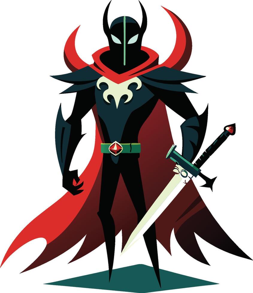 Dark fantasy warrior, stylized comic art, horned helmet, glowing eyes, red cape, black armor, green belt, sword, geometric shapes, bold colors, striking silhouette vector