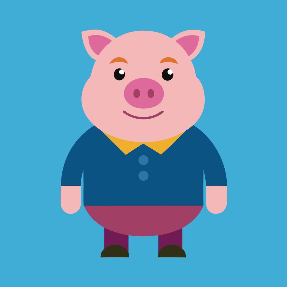 Cute cartoon pig character, stylized illustration, flat design, bright colors, blue background, pink pig face, smiling expression vector