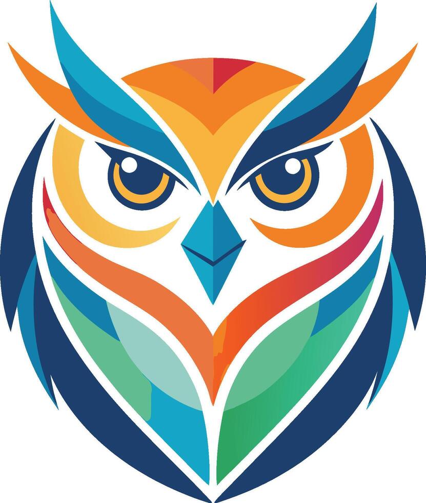 Stylized geometric owl logo, vibrant color palette, bold shapes, symmetrical design, sharp angular lines, minimalist illustration, teal and orange feathers vector
