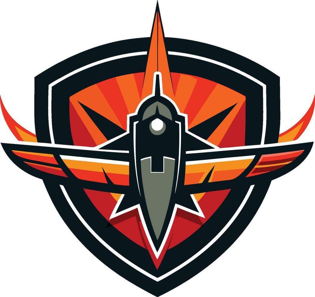 Military aircraft logo, shield emblem, jet fighter silhouette, orange and red sunburst, black outline, sleek design vector