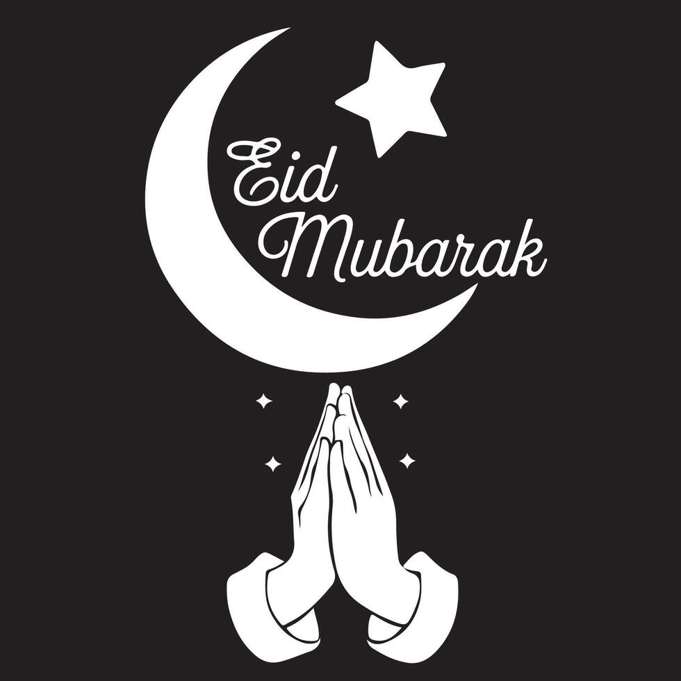 Eid Mubarak greeting card, white crescent moon and star, praying hands, Islamic calligraphy, black background vector