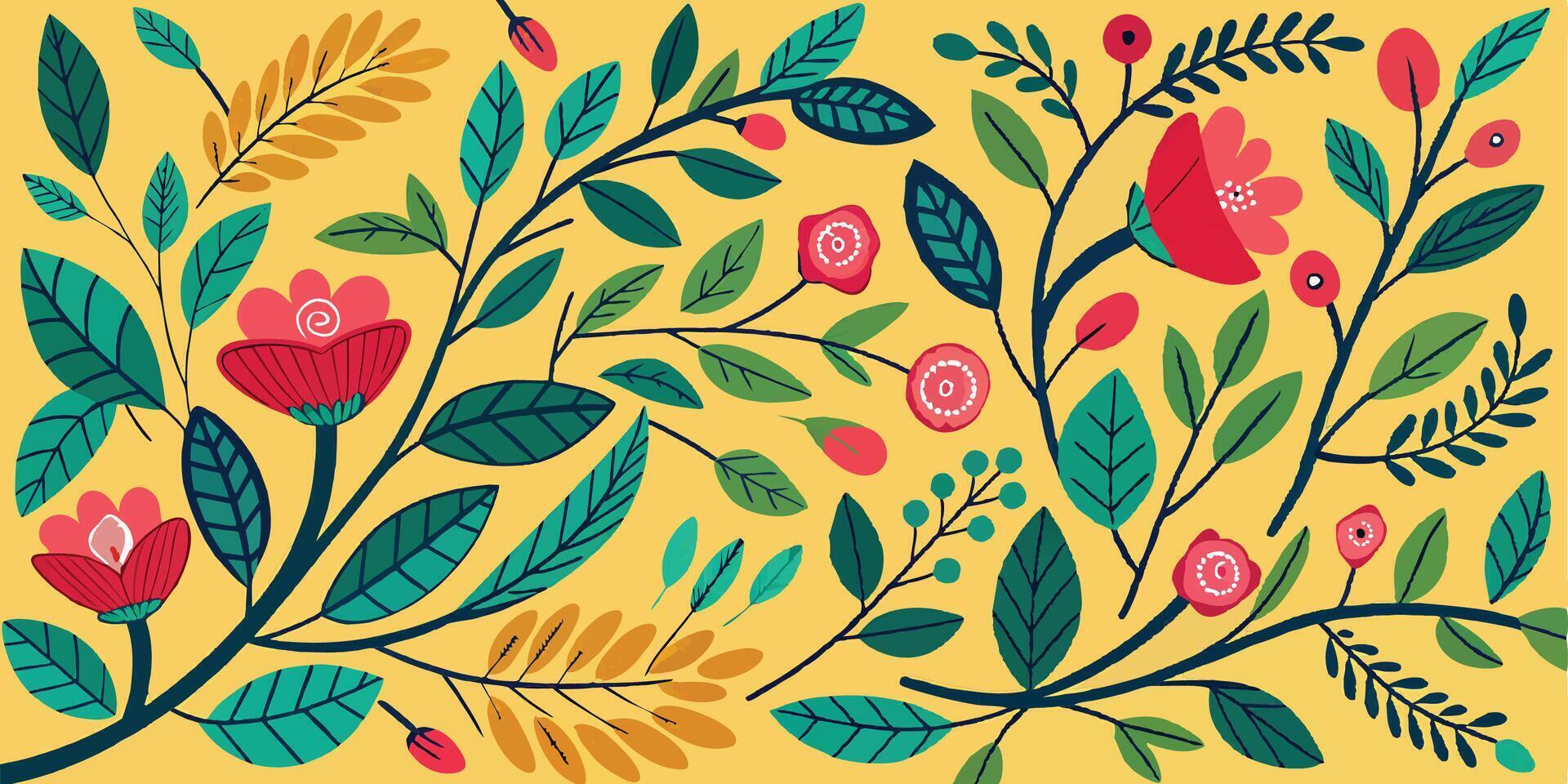 Colorful floral illustration, vibrant folk art style, yellow background, red flowers, teal and green leaves, botanical pattern vector