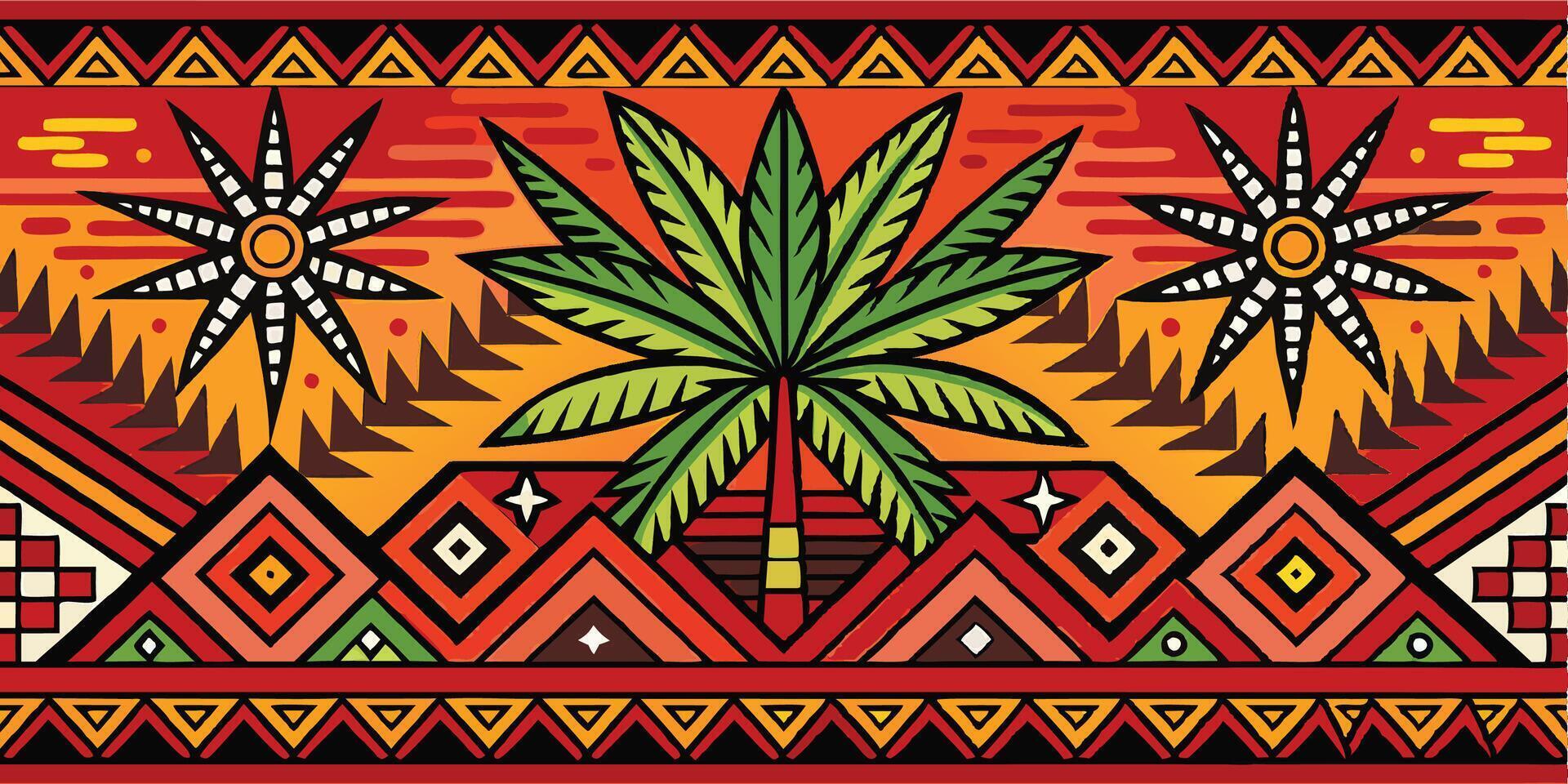 Vibrant African textile pattern, colorful geometric shapes, palm tree motif, tribal design, symmetrical layout, bold contrasting colors, red orange yellow green vector