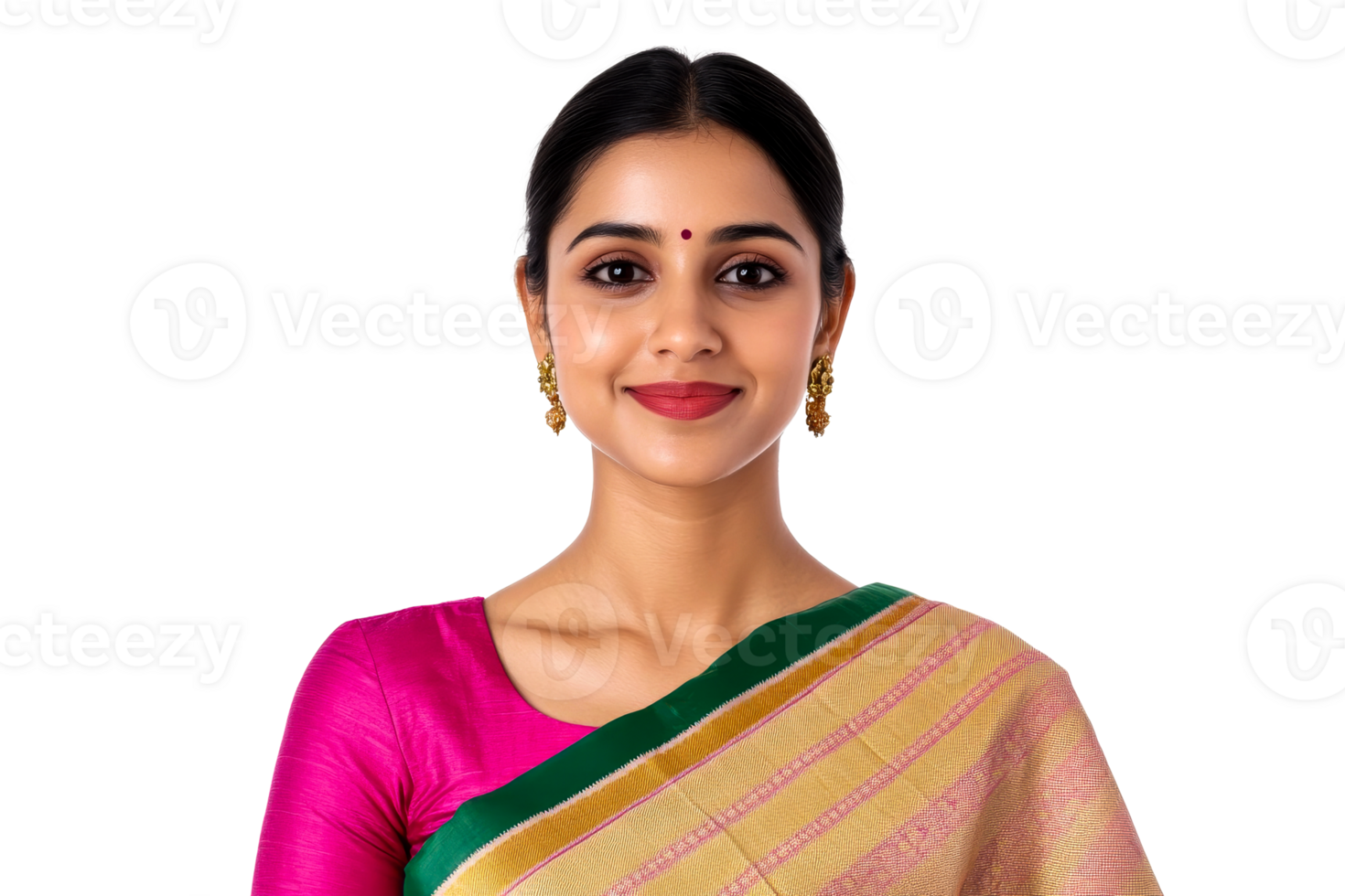 Woman in traditional attire smiles against a transparent background png