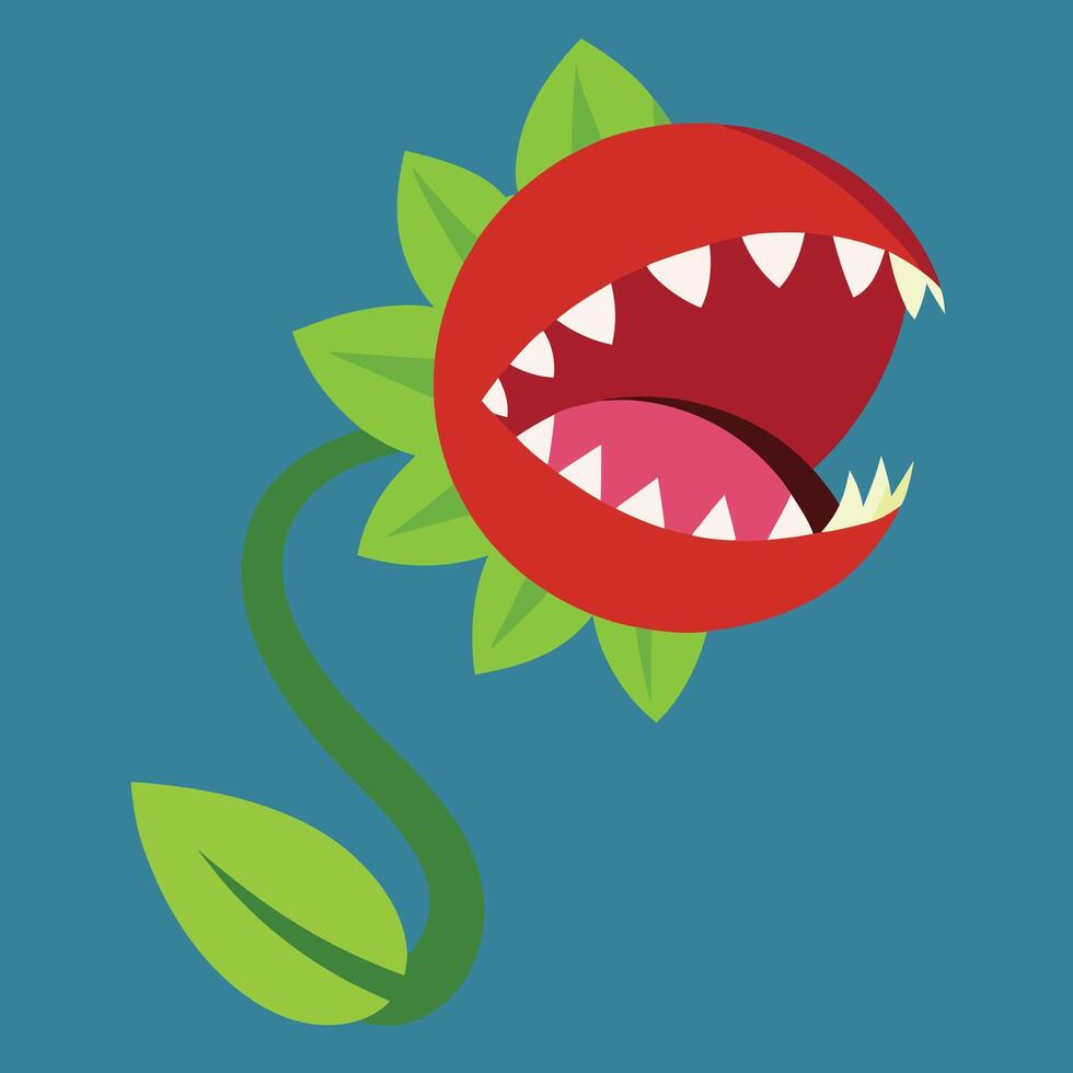 Cartoon carnivorous plant, Venus flytrap style, red bulb with sharp teeth, green stem and leaves, minimalist design vector