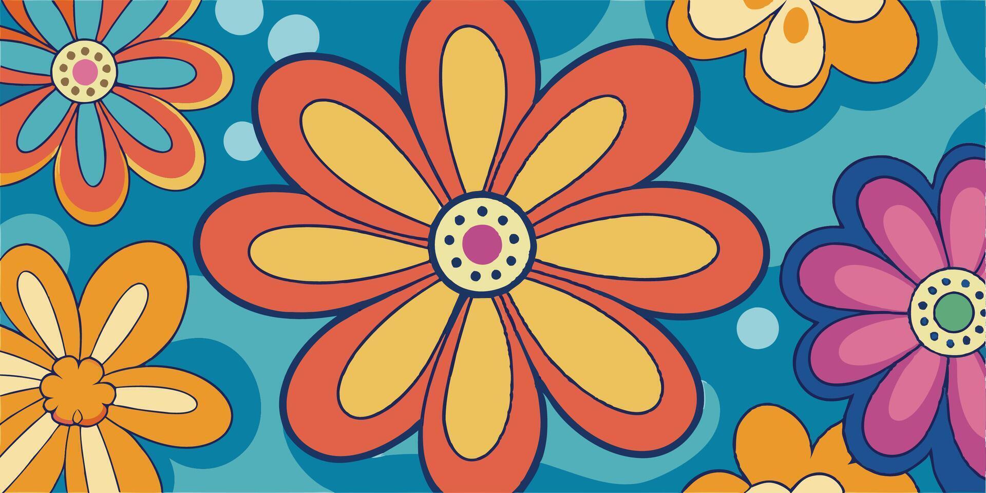 Retro flower pattern, vibrant colors, teal background, orange and yellow daisies, purple flower, 1960s style, psychedelic art vector