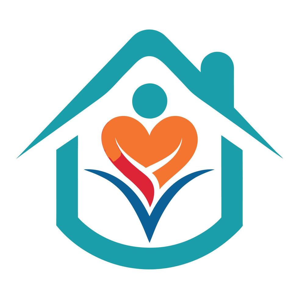 Logo design, house shape, teal outline, orange heart, abstract human figure, red and blue accents, minimalist style, caring concept, home care services, nonprofit organization vector