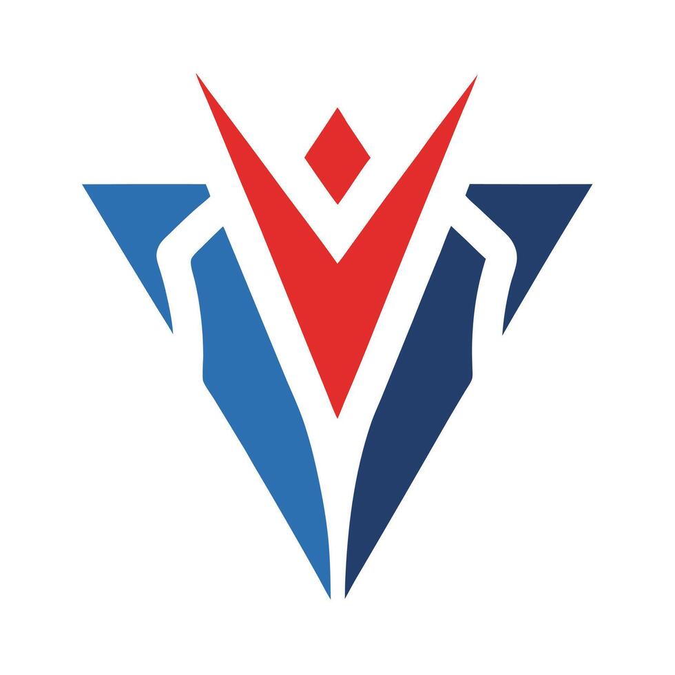 Logo design, geometric shapes, red V shape, blue triangles, white background, minimalist, abstract, symmetrical, corporate identity, modern vector