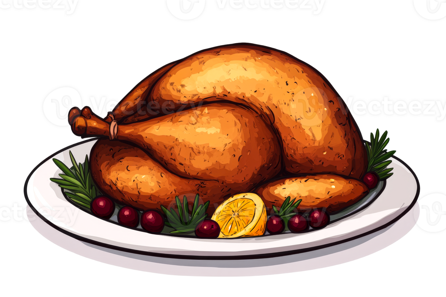Roasted turkey with lemon and cranberries on a decorative plate png
