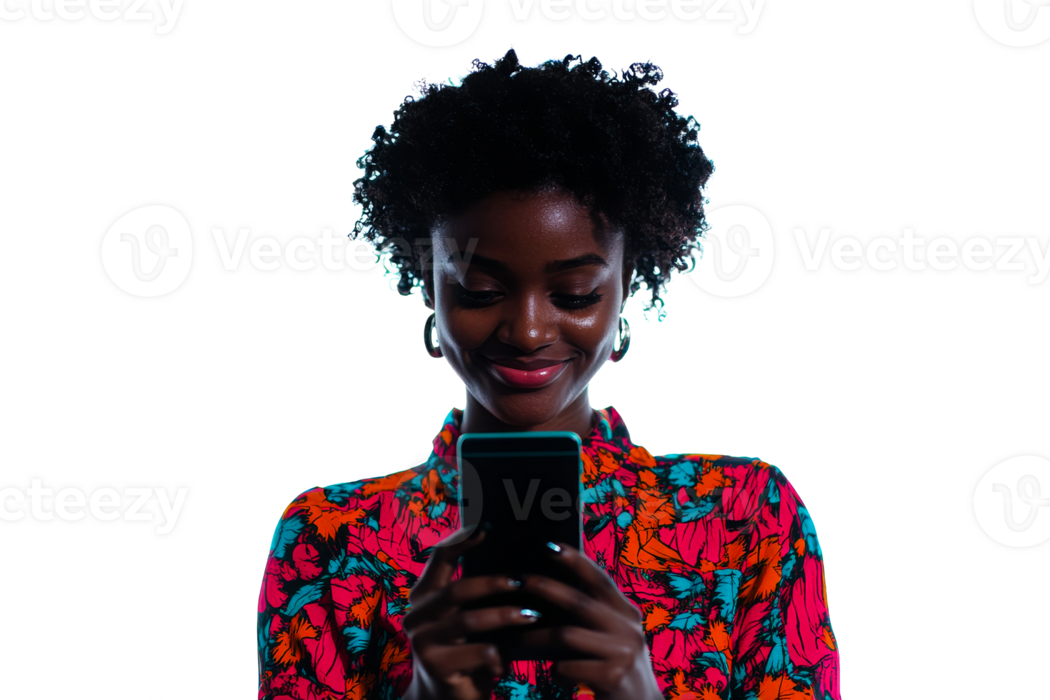 Woman smiling while using smartphone with colorful attire png