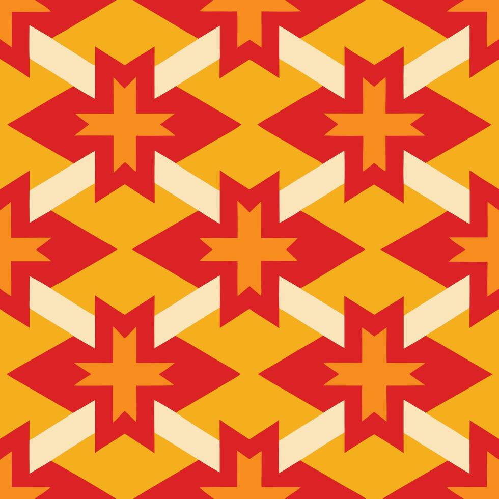 Geometric pattern, Southwestern style, Red and yellow colors, Star shapes, Repeating motifs, Interlocking design, Angular forms, Warm tones vector