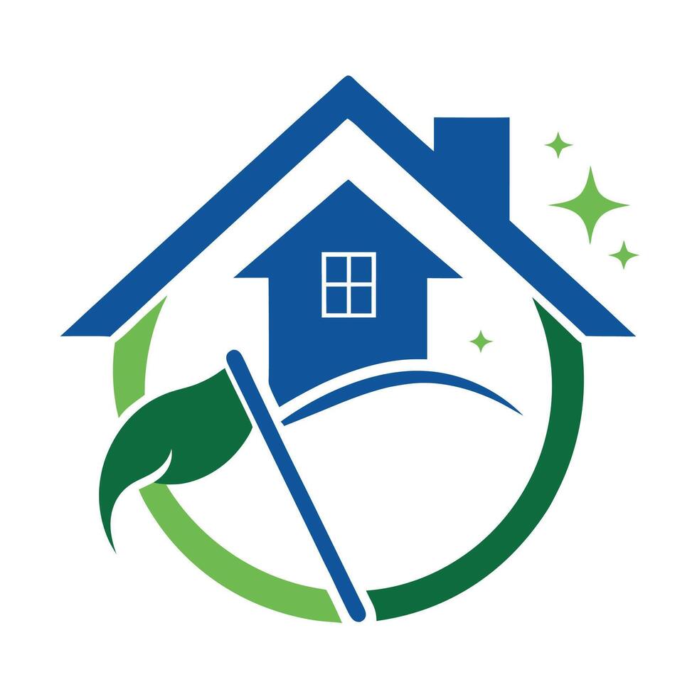 House cleaning logo, blue and green colors, simple design, stylized house with window, leaf motif, sparkle stars vector