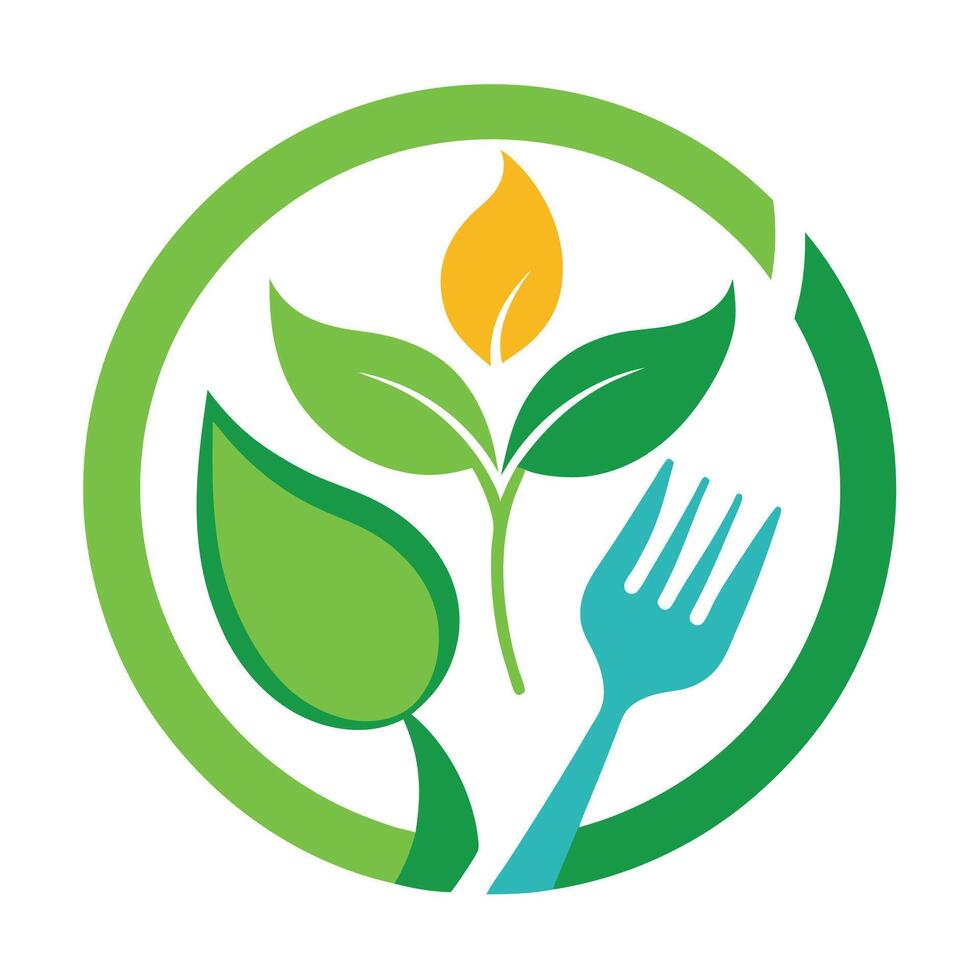 Logo design, plant sprout, green leaves, yellow bud, circular frame, teal fork, organic food symbol, eco-friendly concept vector