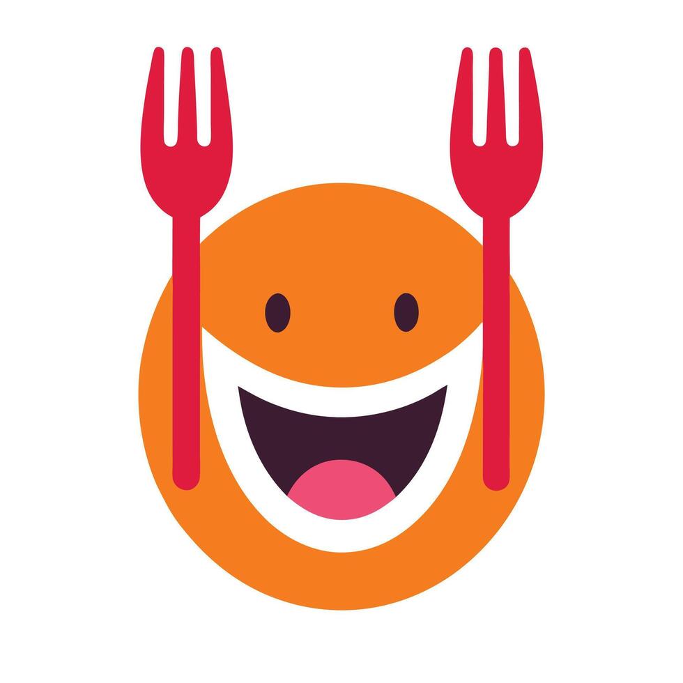 Minimalist food logo, smiling orange circle face, red forks as ears, cute expression, simple geometric shapes vector