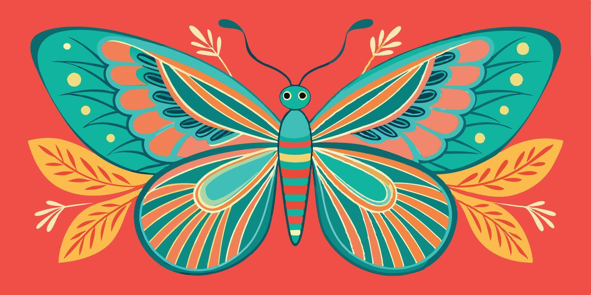 Stylized butterfly illustration, vibrant teal and coral color scheme, symmetrical wing patterns, decorative leaf motifs, flat design, folk art inspired, intricate wing details vector