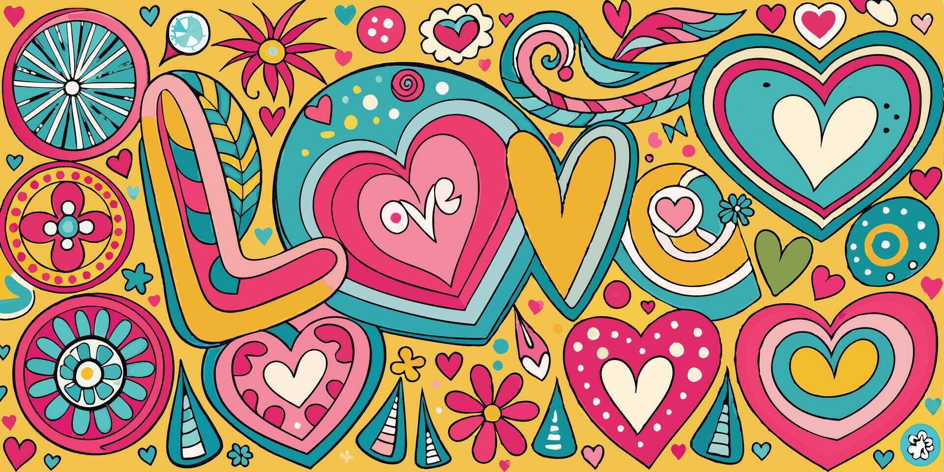 Colorful psychedelic love illustration, vibrant hearts and flowers, retro 60s style, pink and teal color scheme, swirling patterns, peace and love symbols vector