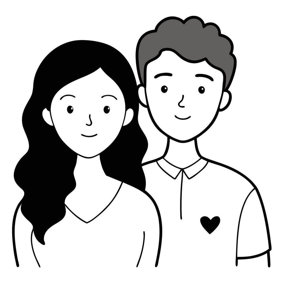 Black and white illustration, simple line drawing, couple portrait, minimalist style, young man and woman vector