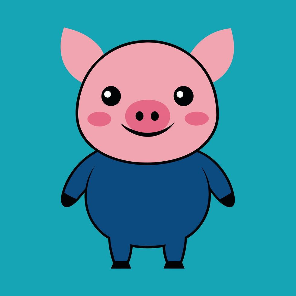 Cute cartoon pig, minimalist design, pink face, blue body, big round eyes, smiling expression, pointy ears, teal background vector