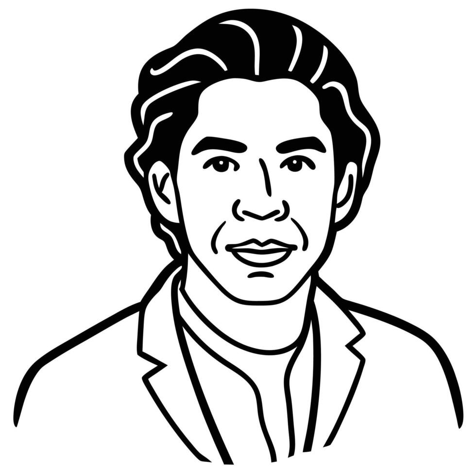 Black and white illustration, portrait, stylized line art, male figure, wavy hair, strong jawline, friendly smile, casual blazer vector