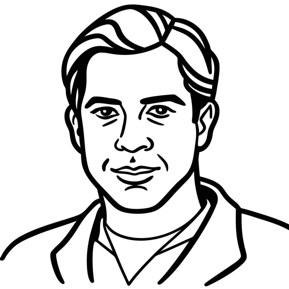 Black and white illustration, portrait, male face, strong jawline, short wavy hair, confident expression, simple line drawing style vector